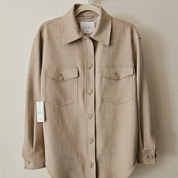 NWT Aritzia Wilfred Ganna Button Shirt Jacket in Heather Oat Beige - Picture 1 of 3